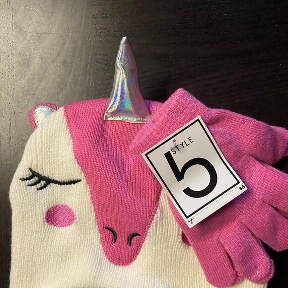 NWT Girls White Pink Unicorn Chullo Beanie Winter Hat Cap & Gloves Bundle - Picture 2 of 4
